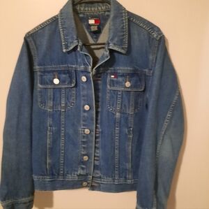 Vtg Y2K Tommy Hilfiger Denim Trucker Jacket Women's Large Blue Jean Classic Logo